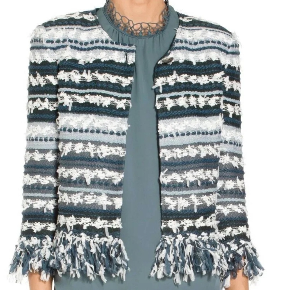 St. John Blue, White & Gray Fringed Bouclé Knit Jacket